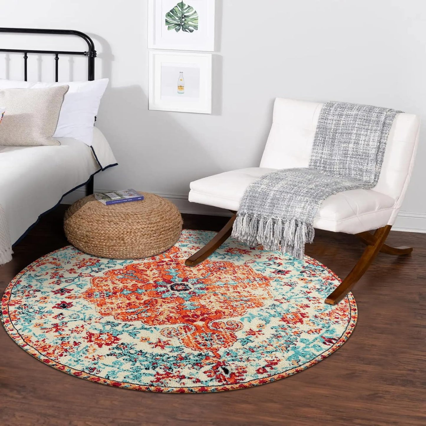 Lahome Bohemian Floral Medallion Round Rug - 3Ft Oriental Distressed Small Round Area Rug Vintage Washable Entryway Foyer Mat Non-Slip Non-Shedding Low-Pile Sofa Bathroom Carpet, Orange/Multi