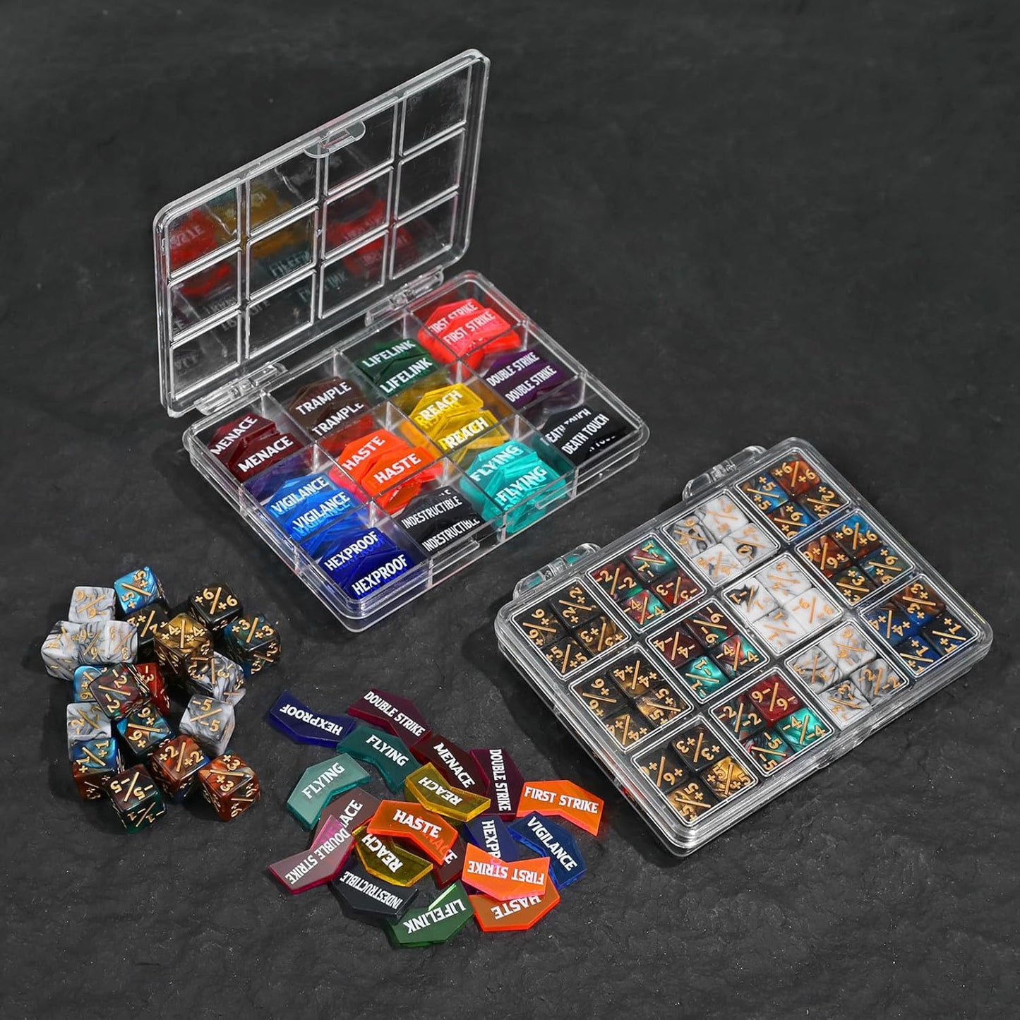 SIXPOINTS 108PCS 12mm MTG Counter Dice +1/+1 Tokens 6 Sided Dice & MTG Keyword Counters Tokens Set for Magic The Gathering, MTG, TCG, Card Games Accessories (4 Color Dices#F + MTG Keyword Counters)