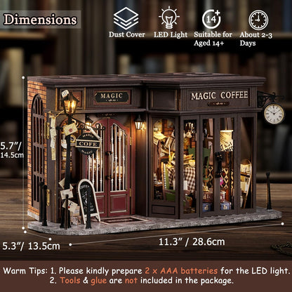 TuKIIE DIY Miniature Dollhouse Kit with Furniture, 1:24 Scale Creative Room Opened & Closed Wooden Doll House Plus Dust Proof for Kids Teens Adults(Vintage Coffee Shop)