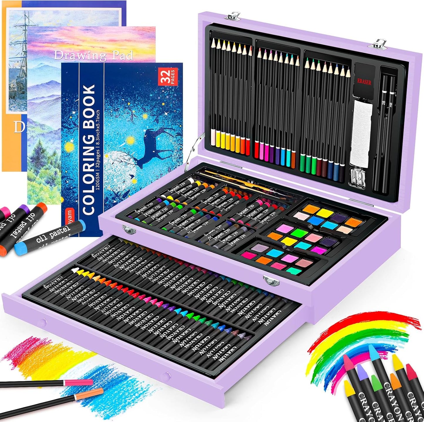 iBayam Stocking Stuffers for Kids Teens Adults, Birthday Party Art Supplies, Christmas Gifts for Teenagers, 150-Pack Wooden Art Set Crafts Drawing Painting Kit with 1 Coloring Book, 2 Sketch Pads