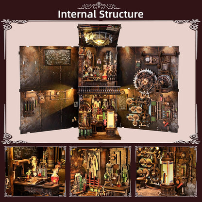 Book Nook Kit, Steampunk DIY Booknook Kits for Adults and Teens, 3D Wooden Puzzle Bookend Miniature Dollhouse Kit Creative Bookshelf Insert Decor with LED Light (Mad Scientist's Lab)