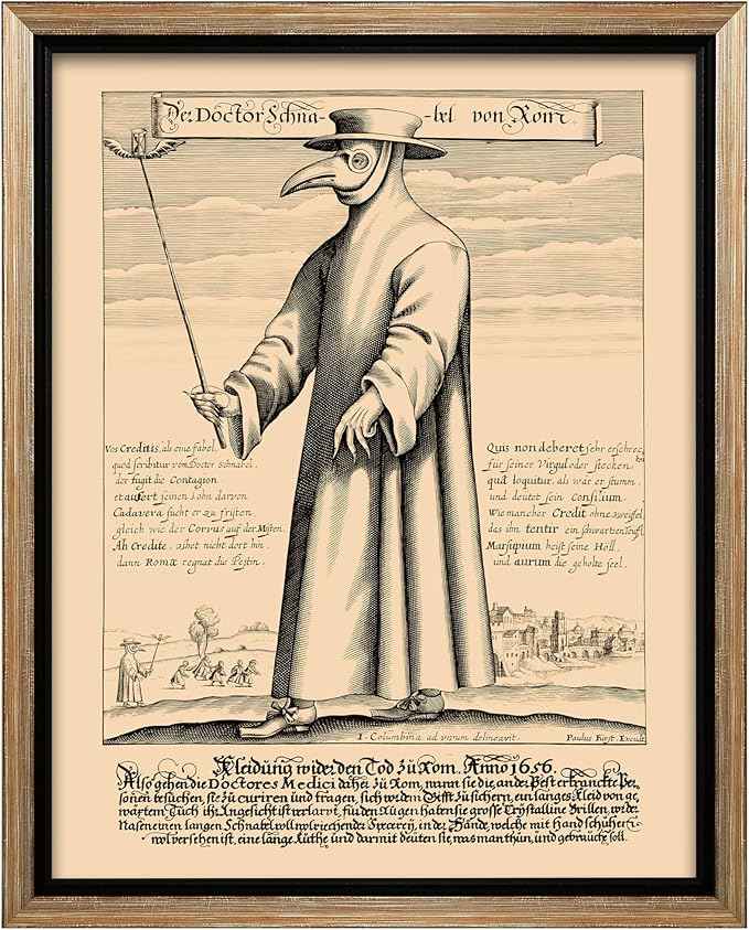 Poster Master Doctor Schnabel from Rome Canvas - Retro Plague Doctor Print - Medieval Art - Gift for Men & Women - Great Wall Decor for Dorm, Living Room or Bedroom - 16x20 Silver Framed Canvas