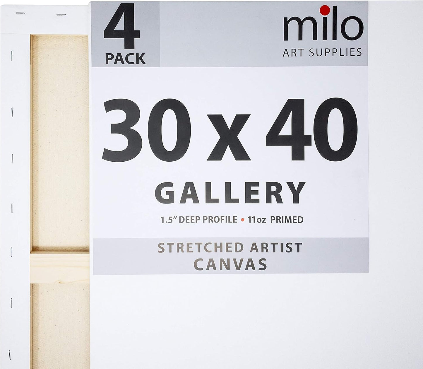 milo Stretched Artist Canvas | 30x40 inches | 4 Pack | 1.5” inch Thick Gallery Profile | 11 oz Primed Large Canvases for Painting, Ready to Paint Art Supplies for Acrylic, Oil