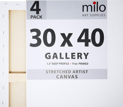 milo Stretched Artist Canvas | 30x40 inches | 4 Pack | 1.5” inch Thick Gallery Profile | 11 oz Primed Large Canvases for Painting, Ready to Paint Art Supplies for Acrylic, Oil