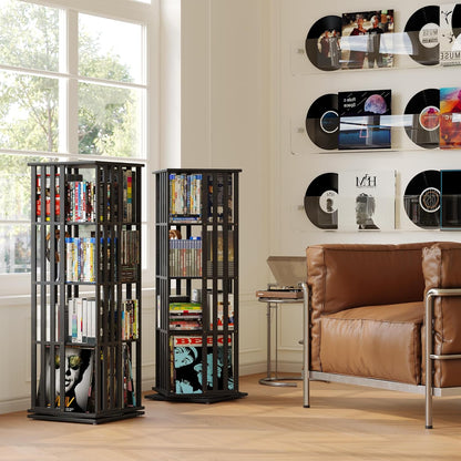 XIMN 360° Rotating Bamboo CD/DVD Shelf - 6-Tier Space-Saving Media Storage Cabinet for Movies, Organizer with Super Compact Design (Black, 4 Tier)