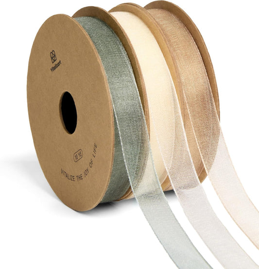 Vitalizart Organza Ribbon 3/8" x 30 Yd Cream White Rose Gold & Dusty Green Sheer Ribbons for Gift Wrapping Crafts Christmas Party Decor Bows Wedding Invitations Wreaths Bouquet - Crafty Corner