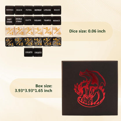 MTG dice Set with counters - 50 dice Including keyword, +1 to +6, -1 to -6 counters for Final Fantasy Magic The Gathering, Comes with Storage Box and Velvet Pouch(Text Version)