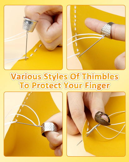 FIVEIZERO Thimble Kit– Sewing Thimbles for Hand Sewing, Metal Finger Protectors, Thimble Ring for Quilting and Embroidery, Includes Seam Ripper, Measuring Tape and Thread Snips