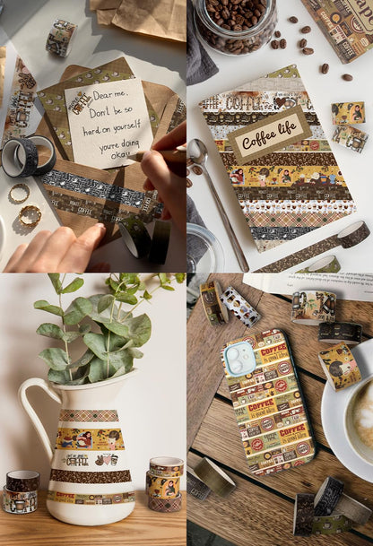 Coffee Themed Washi Tape Set, 14 Rolls Vintage Crafts Tape, Art Decorative Tape for Scrapbooking Supplies, Junk Journal, Bullet Journaling, Vision Board Supplies