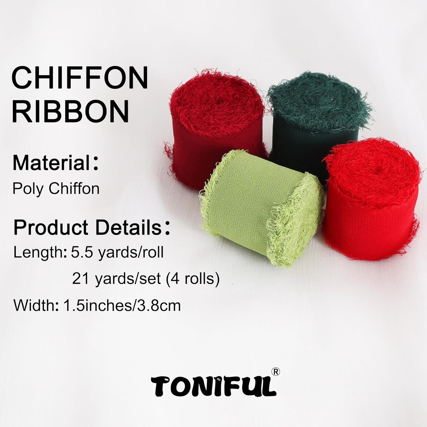 TONIFUL 4 Rolls Silk Chiffon Ribbon 1-1/2 Inch x 22 Yards, Red and Green Handmade Fringe Silk Ribbon Set for Gift Wrapping Flowral Bouquets Crafts Halloween Christmas Wreath Tree and Party Decoration - Crafty Corner