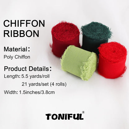 TONIFUL 4 Rolls Silk Chiffon Ribbon 1-1/2 Inch x 22 Yards, Red and Green Handmade Fringe Silk Ribbon Set for Gift Wrapping Flowral Bouquets Crafts Halloween Christmas Wreath Tree and Party Decoration - Crafty Corner