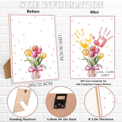 Woukaup Pink Flower Handprint Art Keepsake Making Wooden Sign with Stand 9x12, Mothers Day Crafts for Classroom Family Activities, DIY Crafts Birthday Gifts for Mom Dad Grandma Grandpa Sister Auntie
