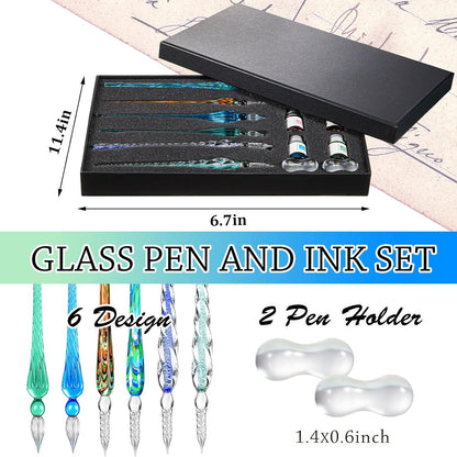Zonon Glass Dipped Pen Ink Set 14 Pcs Include 6 Pcs Glass Dip Pen, 6 Colorful India Ink and 2 Holder Crystal Signature Calligraphy for Art, Writing, Signatures, Gift(Green Color System)