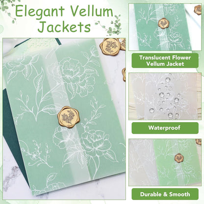 SWANGSA 50 Pack Vellum Jackets for 5x7 Invitations, Elegant White Rose Vellum Paper, 115GSM Translucent Invitation Sleeve Wraps for Wedding Bridal Baby Shower Birthday Envelopes