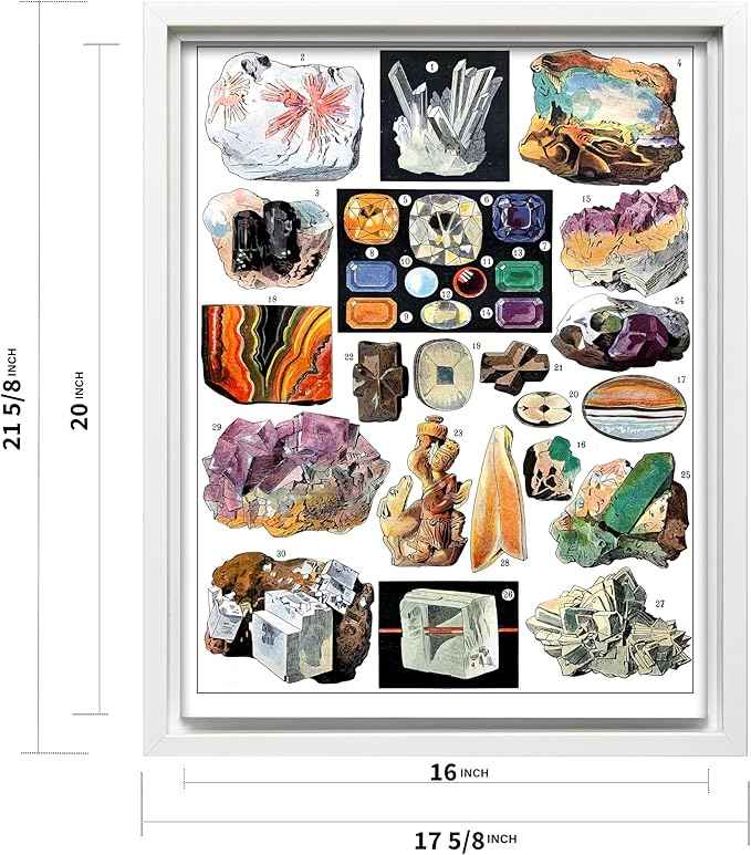 Poster Master Vintage Geology Canvas - Retro Crystals Print - Minerals & Large Rocks Art - Gift for Student & Teacher - Great Wall Decor for Classroom or Library - 16x20 White Framed Canvas