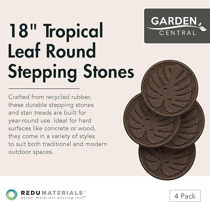 Garden Central 4-Pack 18”x18” Fake Tropical Leaf Rubber Stepping Stones, Round, Brown – Reversible Non-Slip Outdoor Faux Decorative Set for Landscaping – DIY Decor for Walkways & Yard Pathways