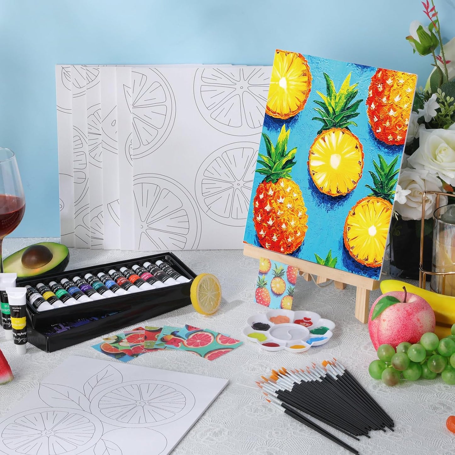 Cholemy 36 Pcs Paint and Sip Kit for Adults 8''x10'' Pre Drawn Canvas for Painting DIY Afro Acrylic Painting Kit Wood Easel Brushes Date Night Bulk for Christmas Party Gifts(Colorful Fruits) - Crafty Corner