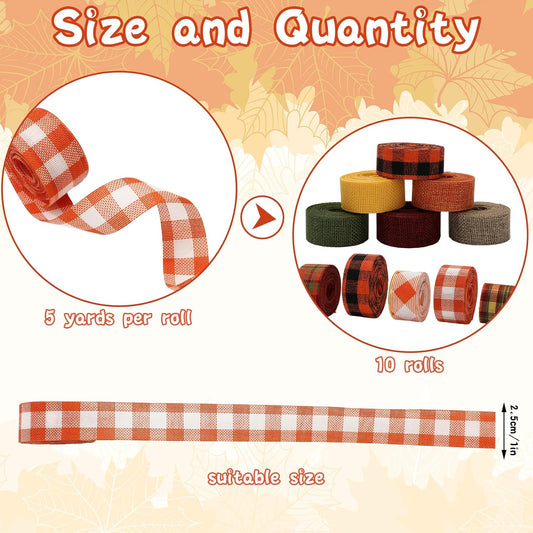 10 Rolls 50 Yard Fall Plaid Burlap Ribbon Rolls 1 Inch Autumn Gift Wrapping Ribbon Decorative for DIY Crafts Wreath Bow Making Supplies Home Decor - Crafty Corner