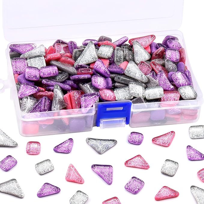 Swpeet 1 Pound Mixed Colors Shine Crystal Series Mosaic Tiles Assortment Kit, Square and Triangle Genuine Mosaic Tiles Glitter Crystal Mosaic Perfect for Home Decoration Crafts