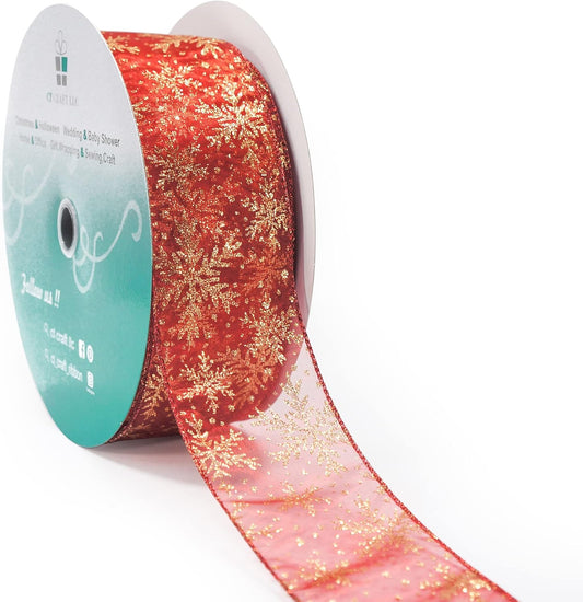 CT CRAFT LLC Organza with Red Glitter Snowflakes Wired Ribbon 2.5 inch x 50 Yards for Christmas Home Decor Tree Topper Bow Gift Wrapping DIY Crafts Wreath Garland Wedding - Crafty Corner