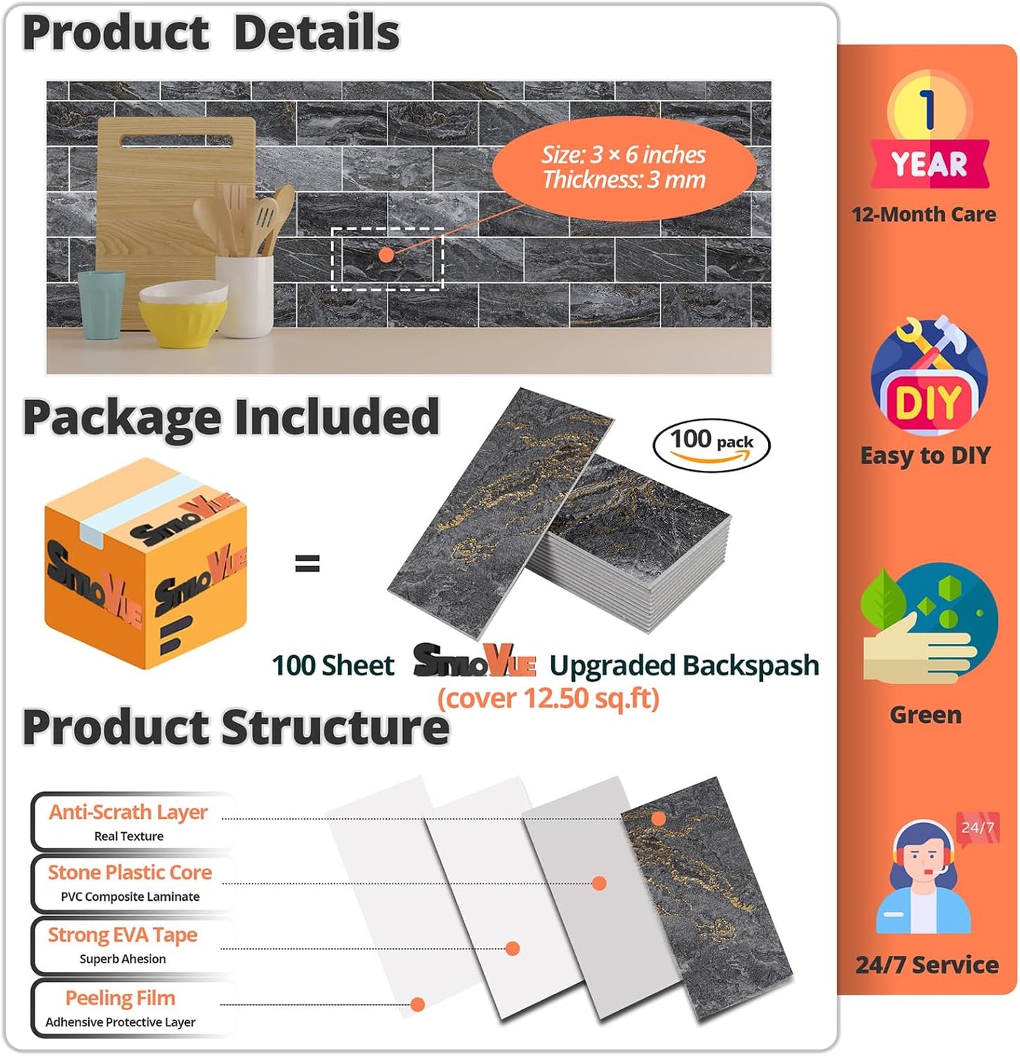 4 Pieces Peel and Stick Backsplash for Kitchen, 3" x 6" PVC Subway Tile 2025 Upgraded Gray-Gold Stone Backsplash Stick on Tile Elevate Kitchen Fireplace RV