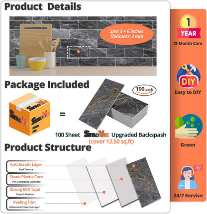 100 Pieces Peel and Stick Backsplash for Kitchen, 3" x 6" PVC Subway Tile 2025 Upgraded Gray-Gold Stone Backsplash Stick on Tile Elevate Kitchen Fireplace RV