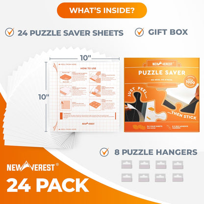 Newverest 24-Pack Puzzle Glue Sheets 10×10″ – Preserve & Display 4 × 1000-Piece Jigsaw Puzzles – Peel & Stick Puzzle Saver with 8 Adhesive Hangers – No Glue, No Mess, Ships Flat, Gift-Ready Box