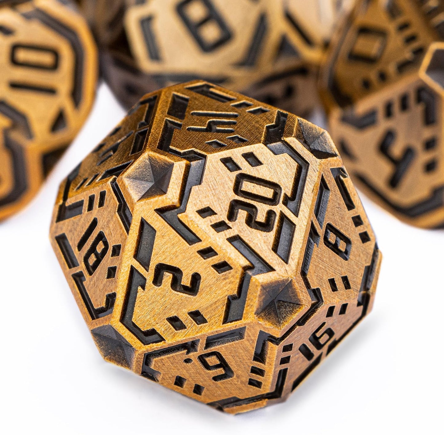 Metal DND Sci-fi Dice Set 7PCS Stripe Polyhedral Dice for Dungeons Dragons RPG Role Playing Game, Glitter D and D Dice with Gift Box D6 D8 D10 D12 D20 (Antique Gold)