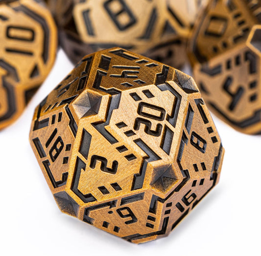 Metal DND Sci-fi Dice Set 7PCS Stripe Polyhedral Dice for Dungeons Dragons RPG Role Playing Game, Glitter D and D Dice with Gift Box D6 D8 D10 D12 D20 (Antique Gold)