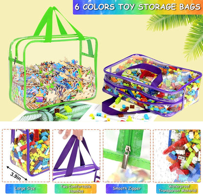 OPELETNNT 6 Color Large Toy Storage Bags with Labels, Reusable Clear PVC Board Game Storage, Travel Waterproof Organizer Bags with Zipper for Building Blocks, Puzzle, Kids Books