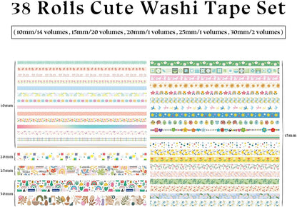 38 Rolls Washi Tape, Aesthetic Colored Decorative Cute Scrapbook Tape for Scrapbooking Supplies Journaling Craft Junk Journal