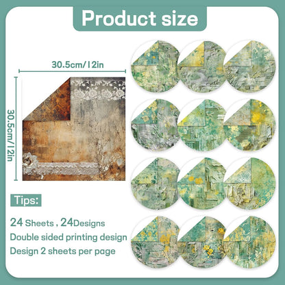 Scrapbook Paper 12x12 inch, 24 Sheets DIY Origami Decorative Craft, Double sided printing, Photo Album Decor Wooden-free Paper for Gift Wrapping Card Making Collage Album Decorative (Green)