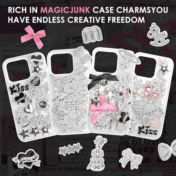 100 Pcs Bling Flat Back Junk Charm Kit for Junk Socks/Shoes/Phone Cases/Bracelets & DIY Accessories, Including Silver and Pink Bows/Hearts/Stars/Rhinestone Charms, Great Christmas Gift Idea for Girls