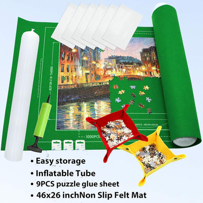 Portable Puzzle Mat Roll Up - with 9 Glue Sheets, Sorting Trays, Hand Pump, Inflatable Tube, and Storage Bag - Perfect for Kids and Adults (Green, 1500pcs)
