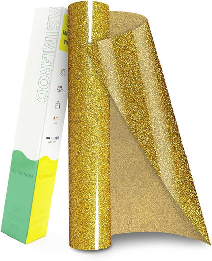 Glitter HTV Heat Transfer Vinyl Rolls- 12" x 10ft. Glitter Iron on Vinyl for DIY T-Shirts, Glitter for All Cutters, Heat Transfer Vinyl (Gold)