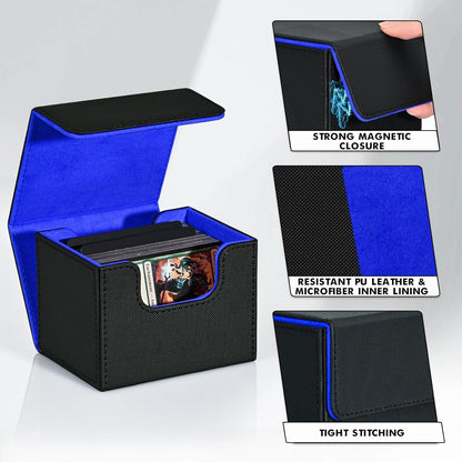ZLCA Card Deck Box for MTG, Commander Deck Case Holds 120+ Single Sleeved Cards, Leather Magnetic Storage Box Fits for CCG TCG Sport Card (Black& Blue)