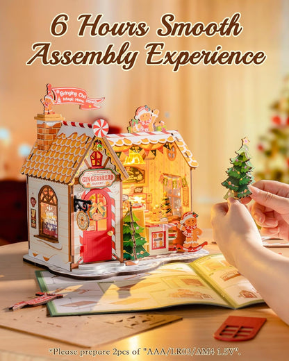 ROBOTIME DIY Miniature House Kit, Tiny House Book Nook for Family and Friends, Mini Wooden Dollhouse Kit for Halloween/Christmas/Birthday Gifts（Gingerbread House）