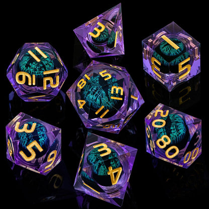 ARUOHHA Dragon Eye DND Dice, Purple Green Resin Sharp Edged Dice Set RPG Role Playing Game, Liquid Core Polyhedral D and D Dice Set D20 D12 D10 D8 D6 D4
