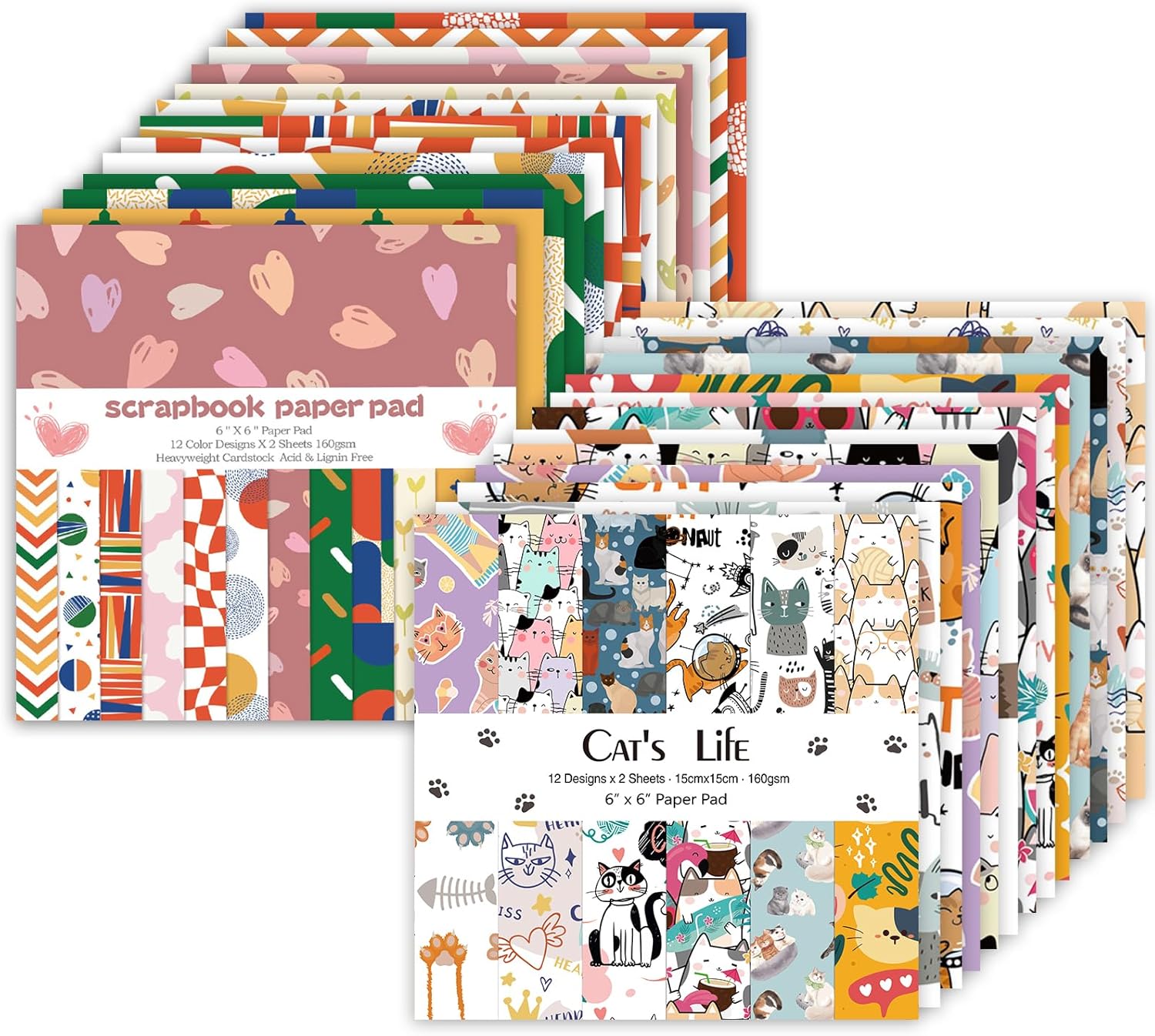 48 Sheets 24 Designs Scrapbook Paper Pad, 6"×6" Single-Sided Decopodge Craft Cardstock Paper,Scrapbooking DIY Decorative Background Cardmaking Supplies.Cat's Life&Sweet Love - Crafty Corner