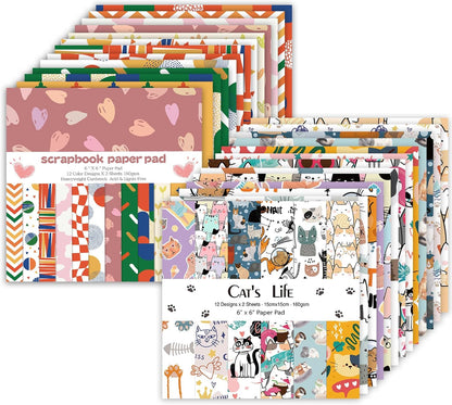 48 Sheets 24 Designs Scrapbook Paper Pad, 6"×6" Single-Sided Decopodge Craft Cardstock Paper,Scrapbooking DIY Decorative Background Cardmaking Supplies.Cat's Life&Sweet Love - Crafty Corner