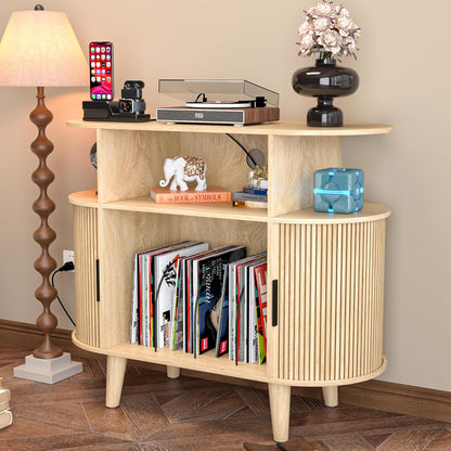 Large Round Record Player Stand with Charging Station & USB Ports，Record Storage Cabinet, Mid Century Modern Turntable Stand for Bedroom Living Room (Small Oak)