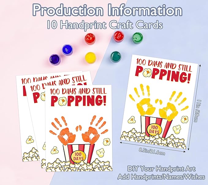 100 Days and Still Popping Handprint Craft Kit, 10-Pack 100th Day of School Greeting Cards 8.5x11", DIY Art Handprint Classroom Keepsake, Personalized Class Gifts for Students In Bulk from Teacher