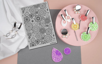 Arbuya Polymer Clay Blossom Flowers Texture Sheets for Earrings Jewelry Making, Clay Dahlia Floral Texture Mats for Polymer Clay Projects Floral Stamps for Clay Earrings Tools