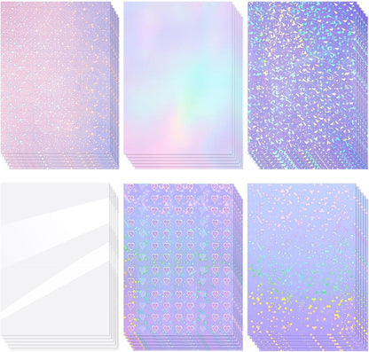 Clabby 36 Sheets Holographic Sticker Paper A4 Vinyl Sticker Paper Self Adhesive Waterproof Transparent Film, 11.7 x 8.3 inches (Gem, Dot, Colorful, Star, Heart, Glossy Clear)