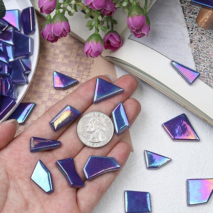Youway Style Iridescent Cobalt Blue Glass Mosaic Tiles for Crafs Bulk,200g Broken Stained Glass Pieces for Crafts DIY Mosaic Art Decor