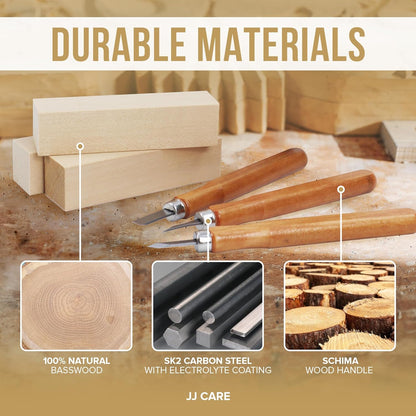 JJ CARE Wood Carving Kit [12 SK2 Wood Carving Knives with Case, 10 Basswood Carving Blocks, and 1 Grinding Stone] - Beginner Wood Carving Kit, Wood Carving Tools Set, Wood Carving Set for Kids