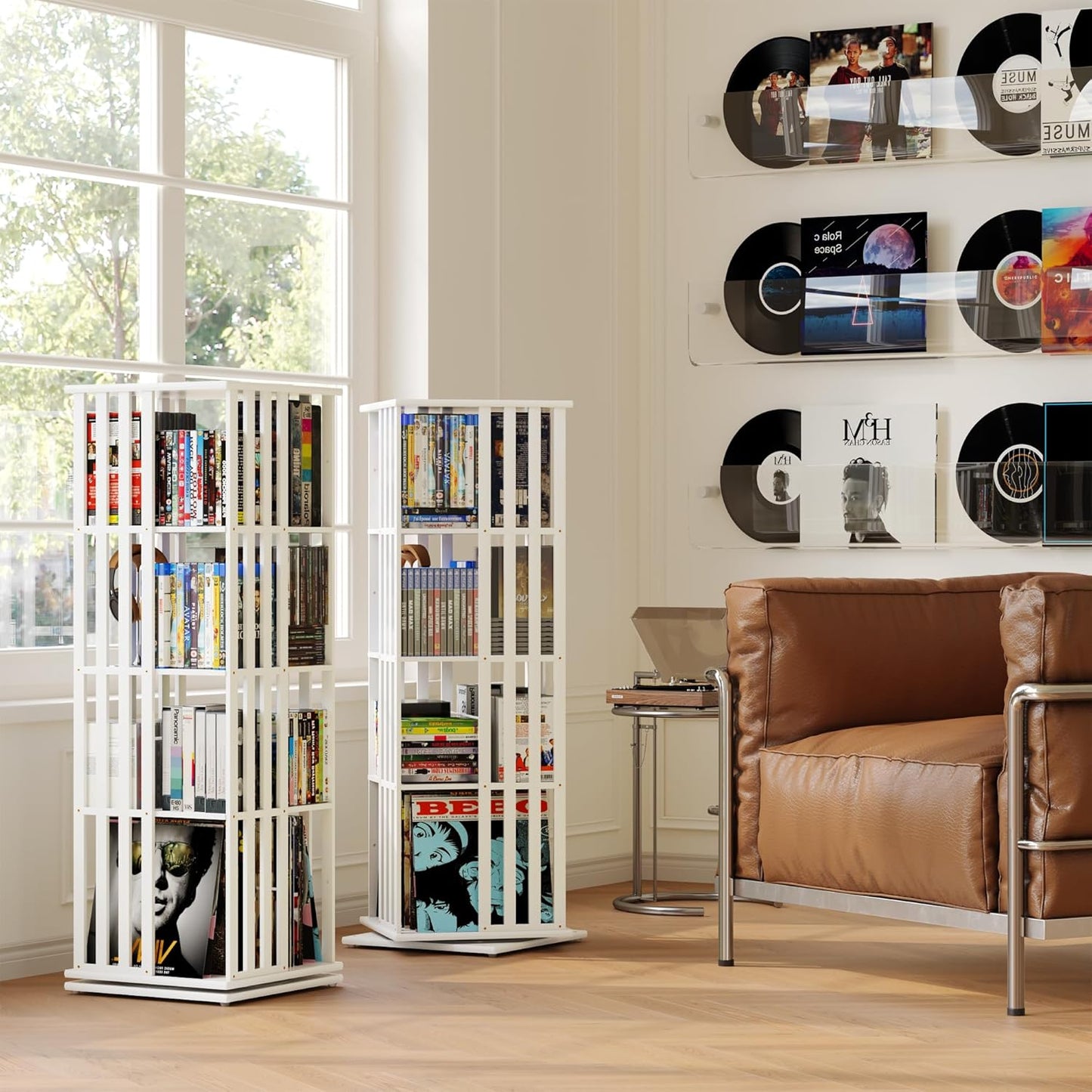 XIMN 360° Rotating Bamboo CD/DVD Shelf - 6-Tier Space-Saving Media Storage Cabinet for Movies, Organizer with Super Compact Design (White, 4 Tier)
