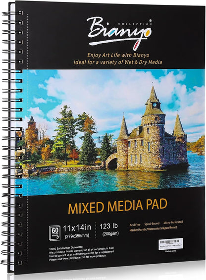 Bianyo Mixed Media Paper Sketchbook, 11" X 14", 60 Sheets/Each, 123 LBS/200 GSM, Spiral-Bound Pad, Perforated, Ideal for Wet & Dry Media Like Marker, Watercolor, Acrylic, Pastel, Pencil - Crafty Corner