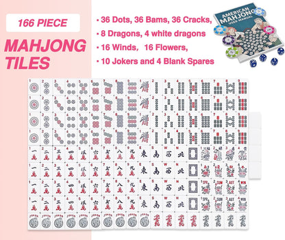 American Mahjong Tile Set – Complete 166 Tiles with Deluxe Accessories, 4 Racks, 100 Colorful Chips, Instruction Book & 1+3 Mahjong-Themed Storage Bags, Portable Mahjong Set for Family Fun & Holidays