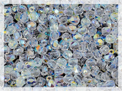 0.88oz (600+ pcs) Faceted Fire Polished Pressed Czech Glass Beads 3mm (0.12in), Crystal AB 00030-28701